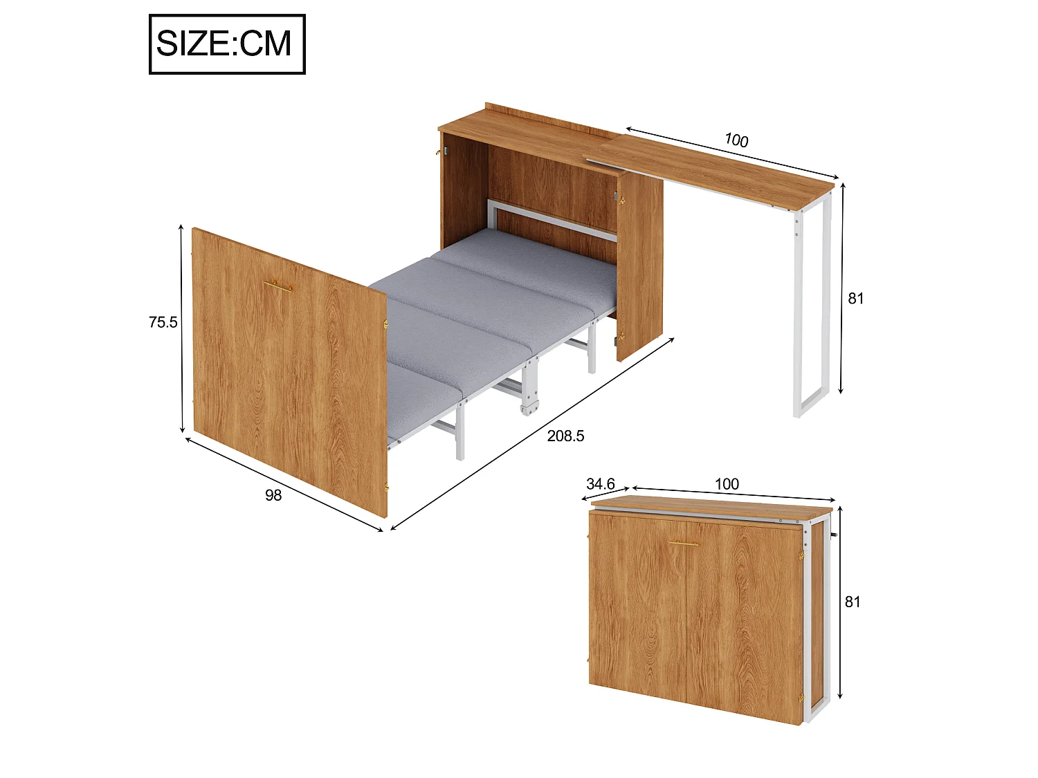 Lit pliant 90x200 cm – Avec bureau pivotant – Naturel