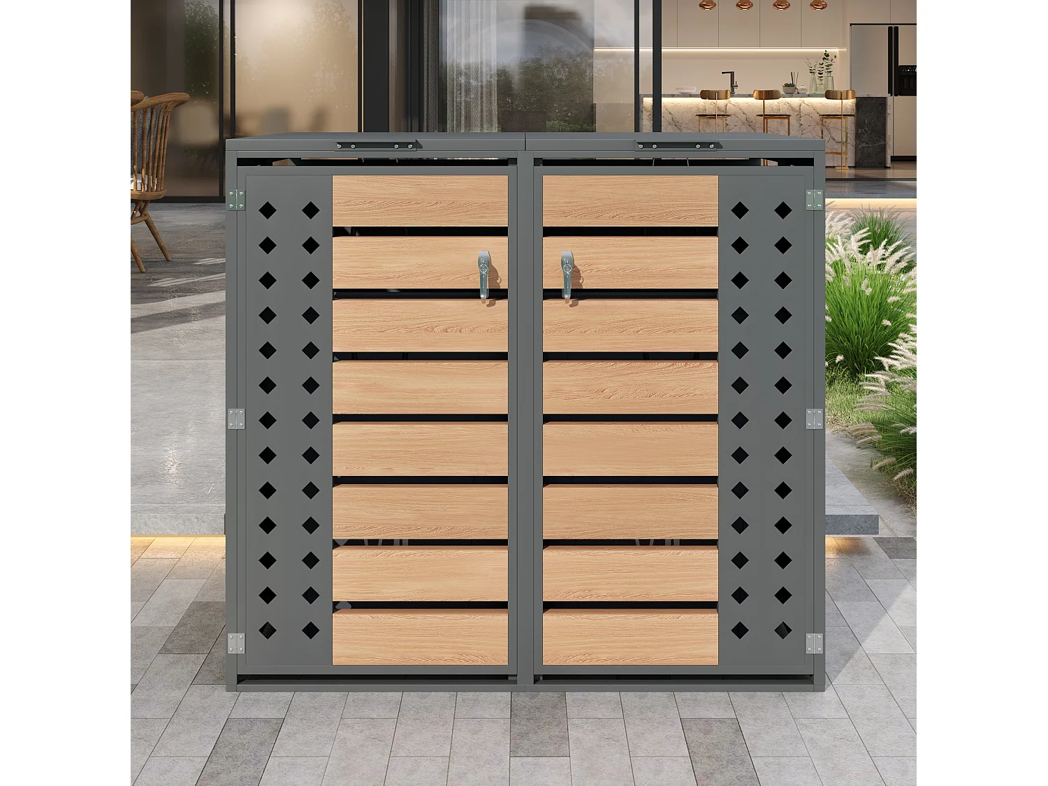 Schowek na 2 ogrodowe kosze na śmieci - 132 x 80 x 118,5 cm - z pokrywą na zawiasach + z zamkiem + 2 drzwiami - metal - szary + naturalny