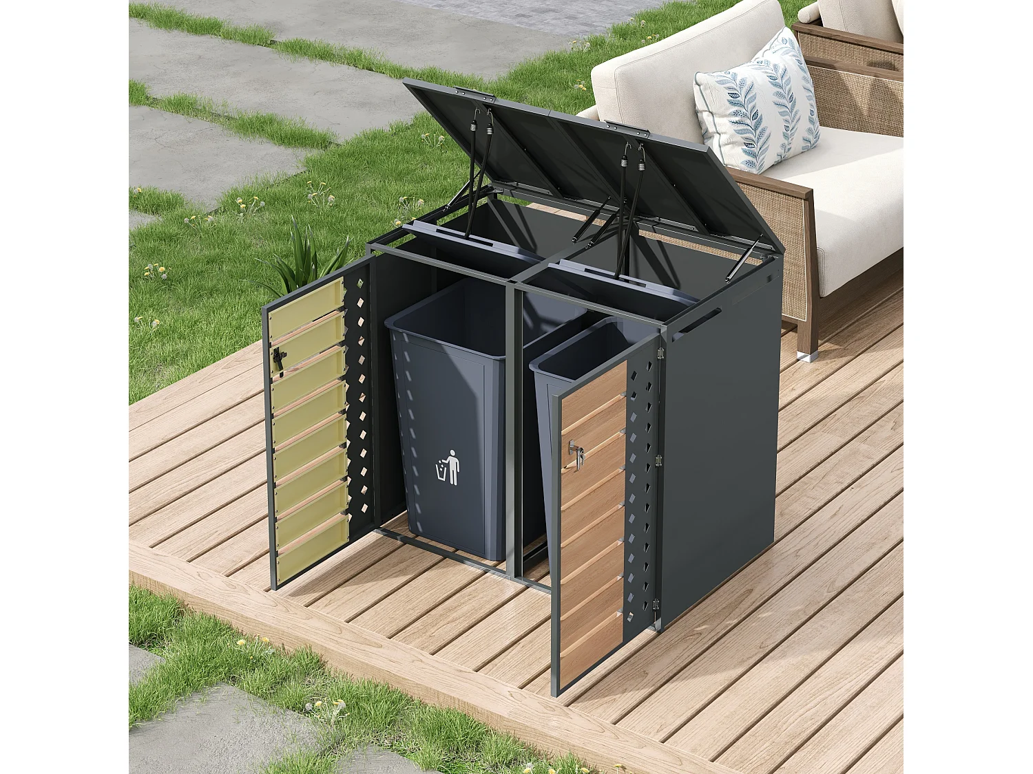 Schowek na 2 ogrodowe kosze na śmieci - 132 x 80 x 118,5 cm - z pokrywą na zawiasach + z zamkiem + 2 drzwiami - metal - szary + naturalny