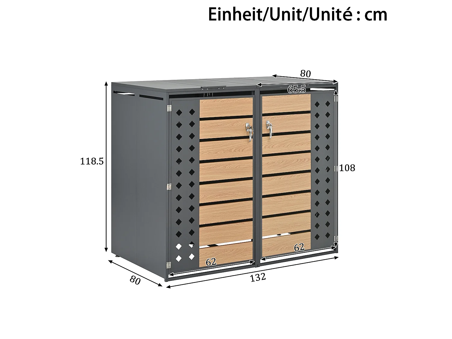 Schowek na 2 ogrodowe kosze na śmieci - 132 x 80 x 118,5 cm - z pokrywą na zawiasach + z zamkiem + 2 drzwiami - metal - szary + naturalny