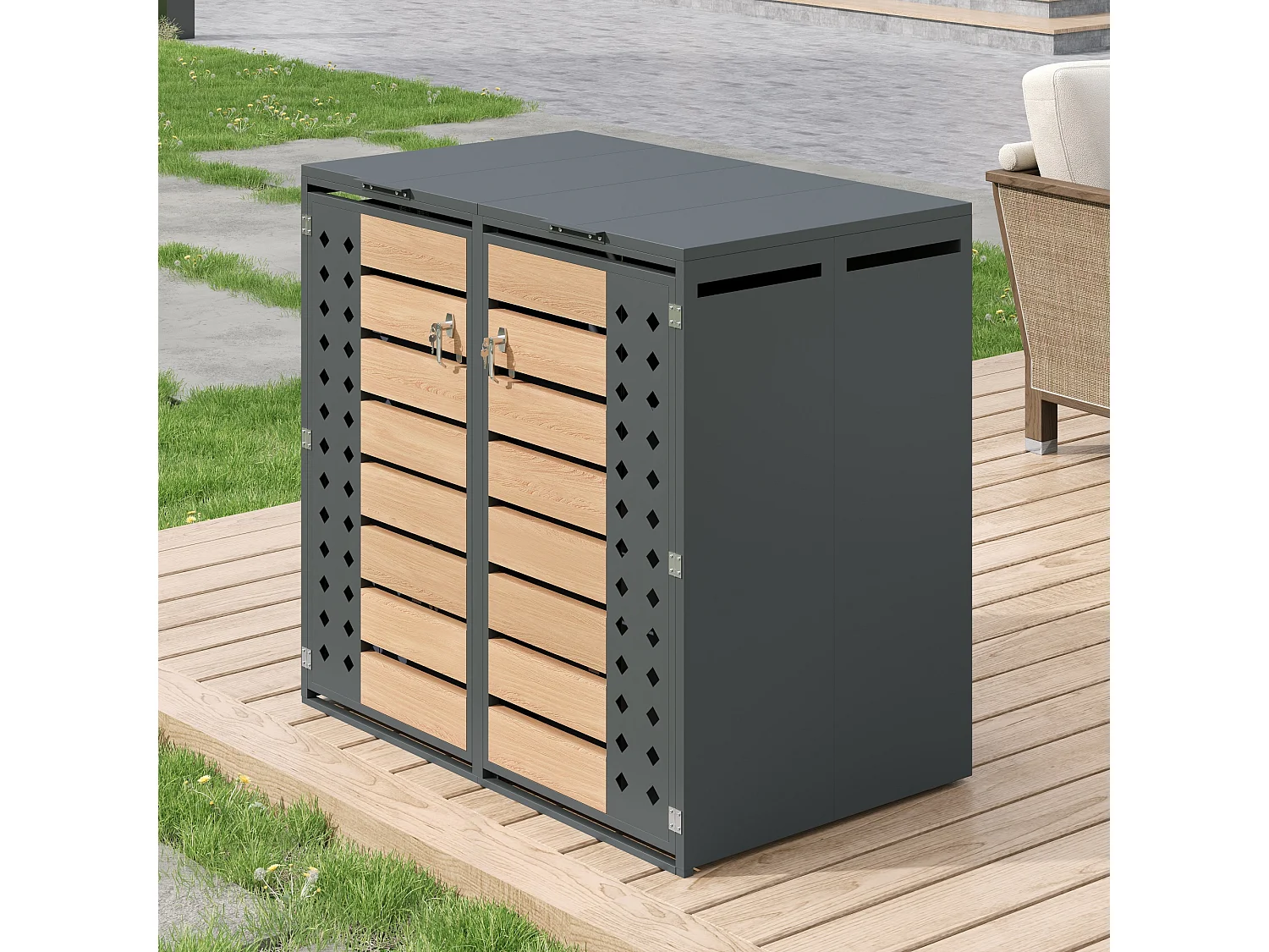 Schowek na 2 ogrodowe kosze na śmieci - 132 x 80 x 118,5 cm - z pokrywą na zawiasach + z zamkiem + 2 drzwiami - metal - szary + naturalny