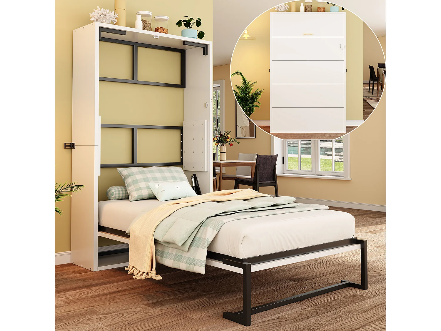 Lit escamotable 90x200cm - Cadre en métal + panneau en bois - Avec fixation murale verrouillable - Blanc (Matelas non inclus)