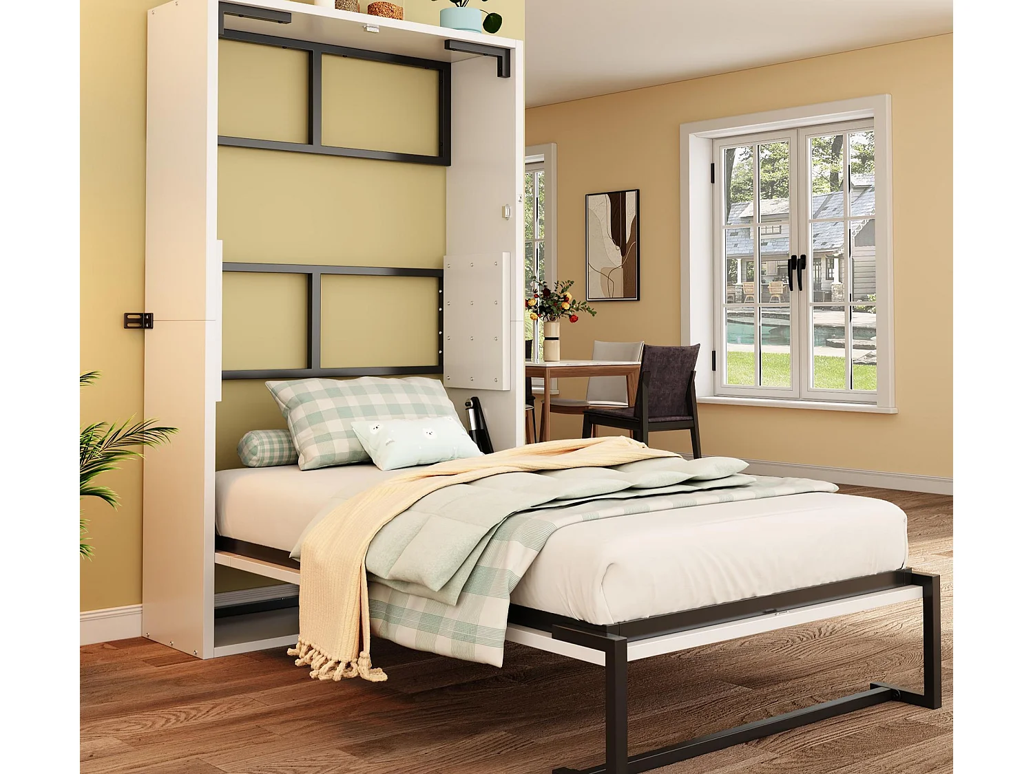 Lit escamotable 90x200cm - Cadre en métal + panneau en bois - Avec fixation murale verrouillable - Blanc (Matelas non inclus)