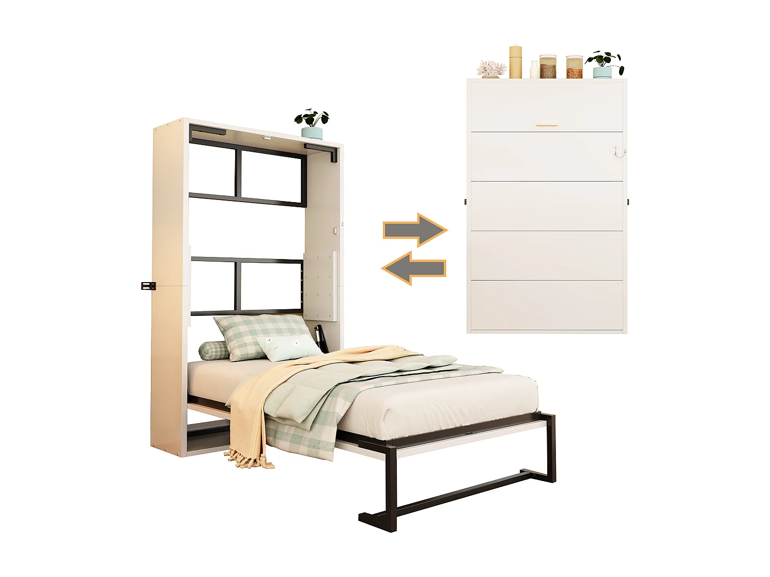 Lit escamotable 90x200cm - Cadre en métal + panneau en bois - Avec fixation murale verrouillable - Blanc (Matelas non inclus)