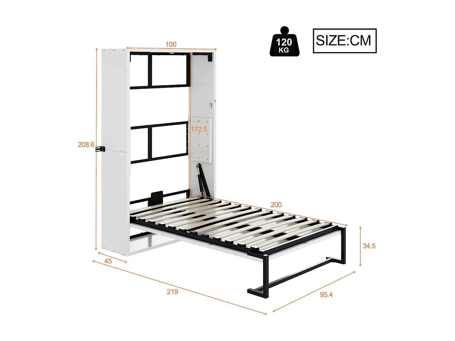 Lit escamotable 90x200cm - Cadre en métal + panneau en bois - Avec fixation murale verrouillable - Blanc (Matelas non inclus)
