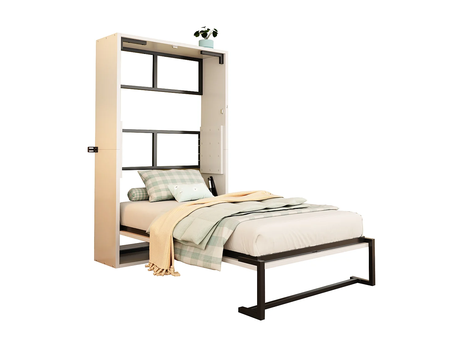 Lit escamotable 90x200cm - Cadre en métal + panneau en bois - Avec fixation murale verrouillable - Blanc (Matelas non inclus)