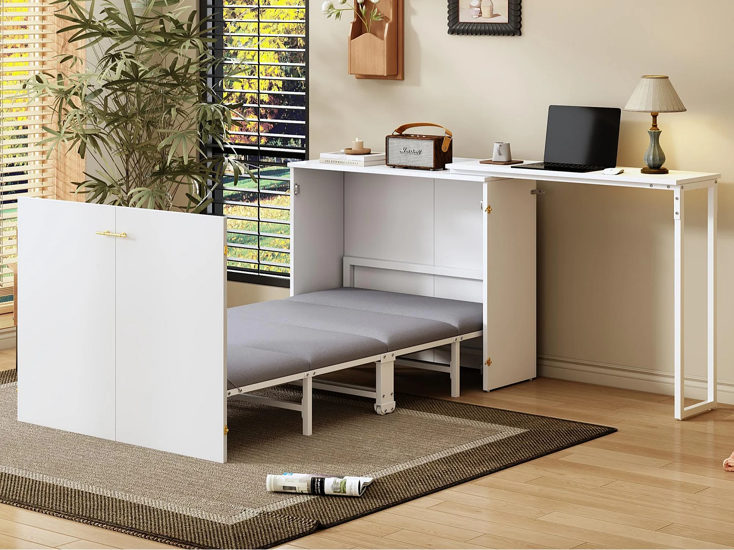 Lit pliant 90x200 cm – Avec bureau pivotant – Blanc