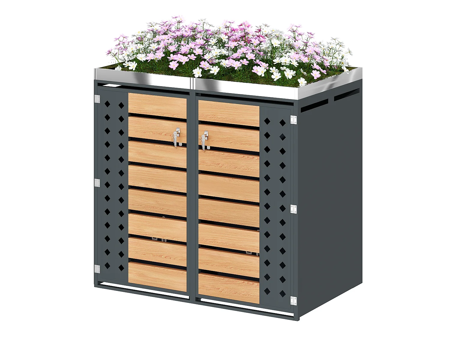 Cache-poubelle double 2x240L avec Jardinière supérieure - Design Perforé Latéral - Acier galvanisé aspect Bois Horizontal - Gris Anthracite
