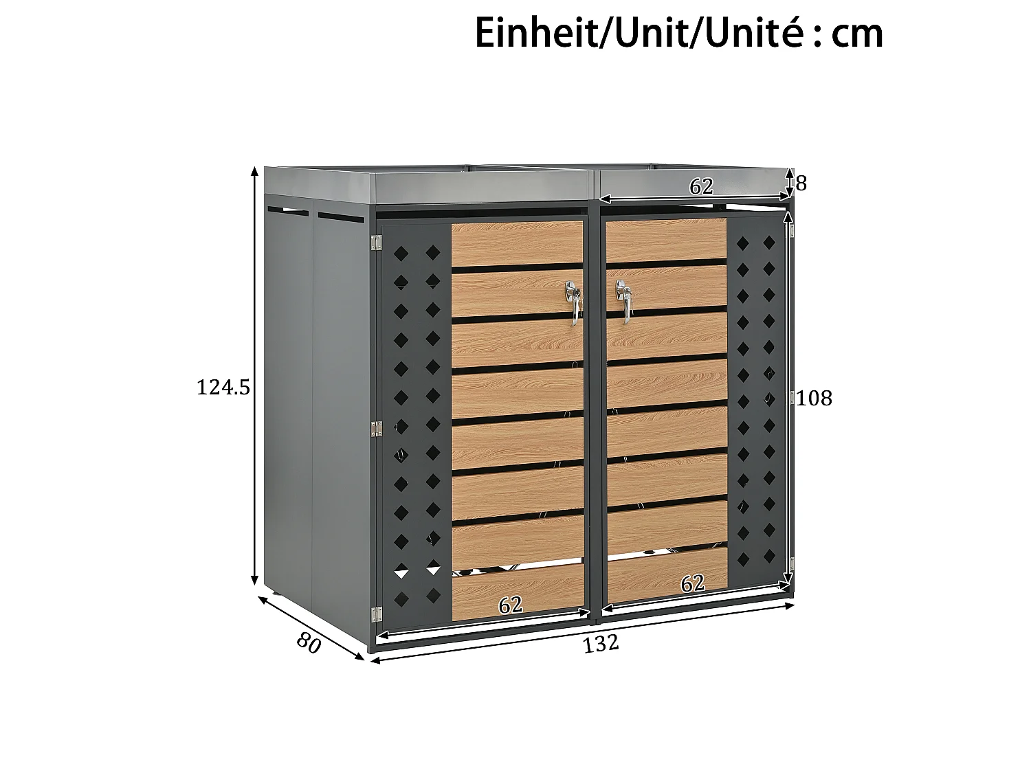 Cache-poubelle double 2x240L avec Jardinière supérieure - Design Perforé Latéral - Acier galvanisé aspect Bois Horizontal - Gris Anthracite