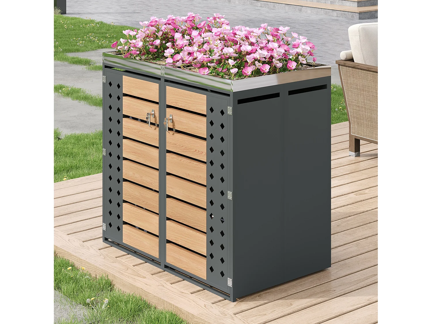 Cache-poubelle double 2x240L avec Jardinière supérieure - Design Perforé Latéral - Acier galvanisé aspect Bois Horizontal - Gris Anthracite