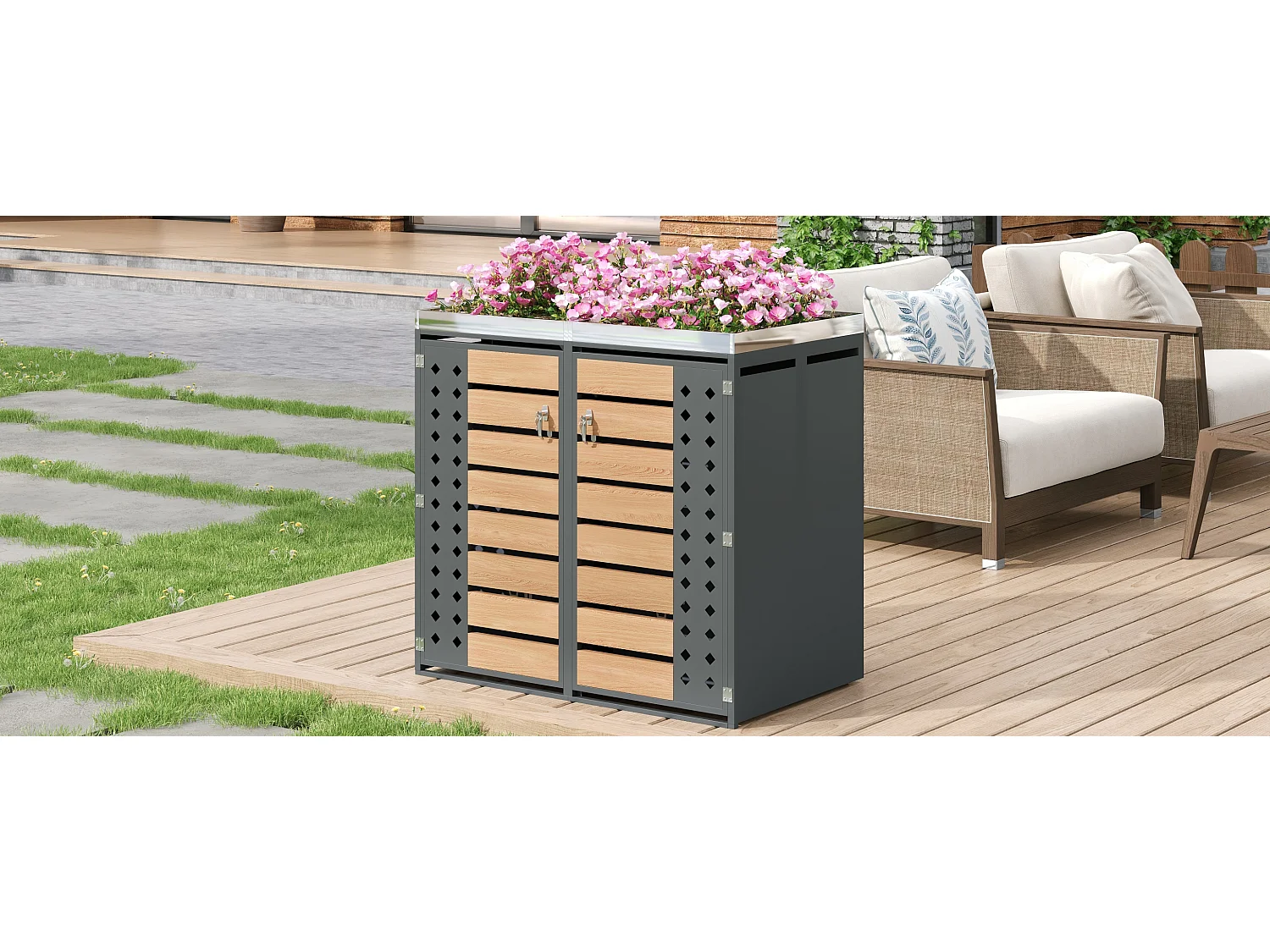 Cache-poubelle double 2x240L avec Jardinière supérieure - Design Perforé Latéral - Acier galvanisé aspect Bois Horizontal - Gris Anthracite