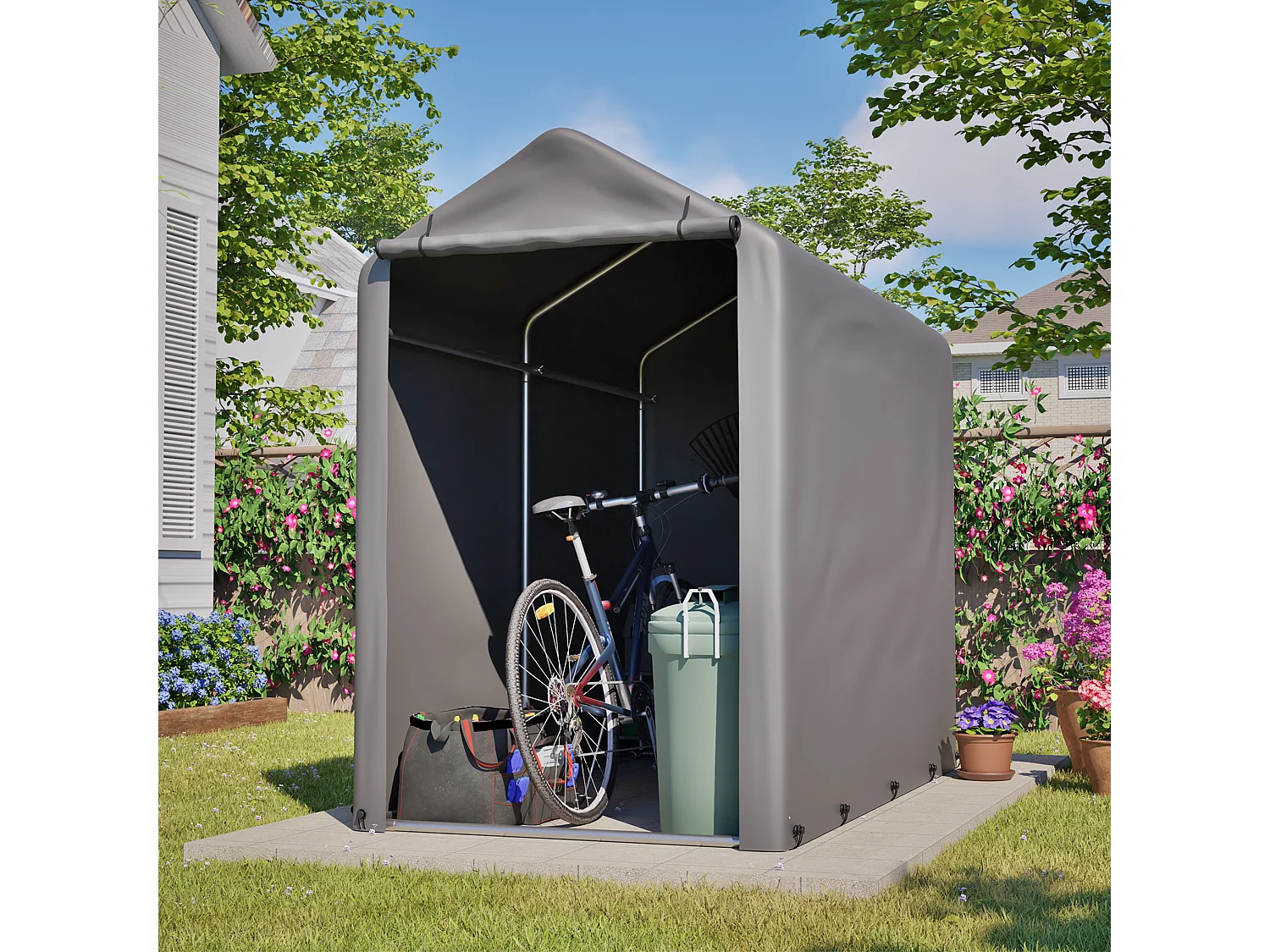 Fietsenstalling voor in de tuin, 187x100x160 cm, in donkergrijs staal - Voor balkon, terras en tuin