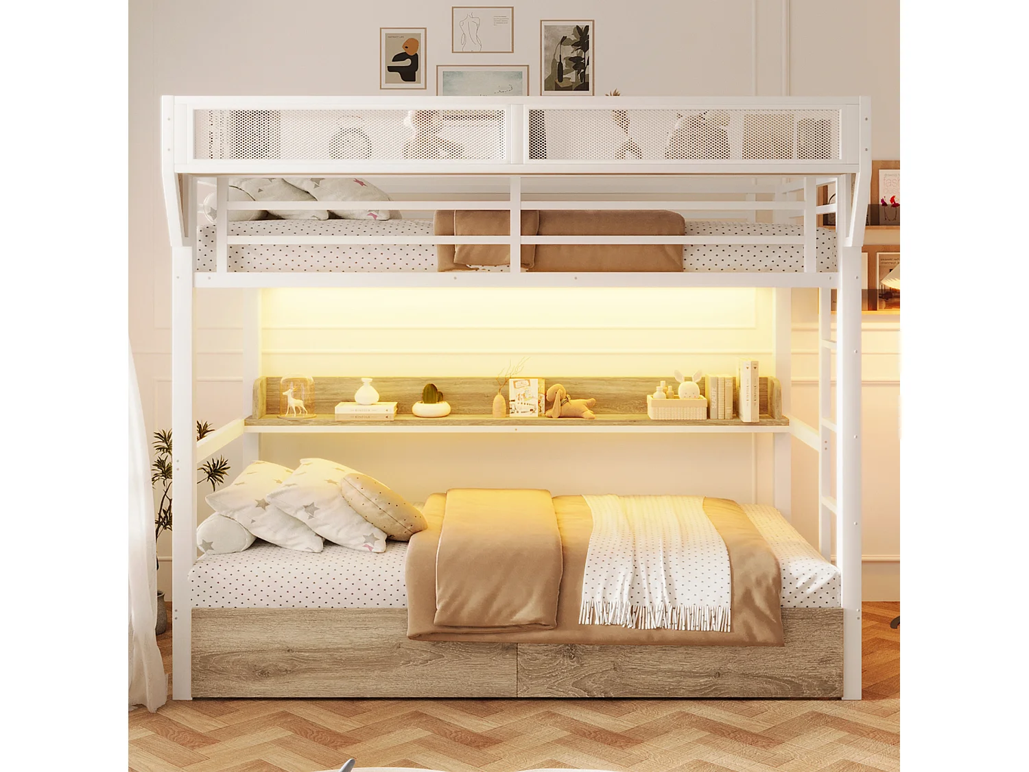 Lit superposé structure en fer - 2 x 90 x 200 cm - avec étagère + panier de rangement + 2 tiroirs + Leds - métal + MDF - blanc