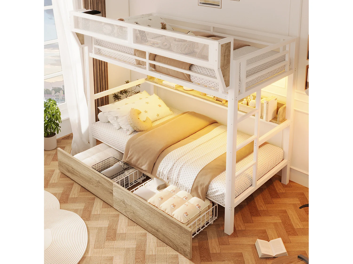 Lit superposé structure en fer - 2 x 90 x 200 cm - avec étagère + panier de rangement + 2 tiroirs + Leds - métal + MDF - blanc