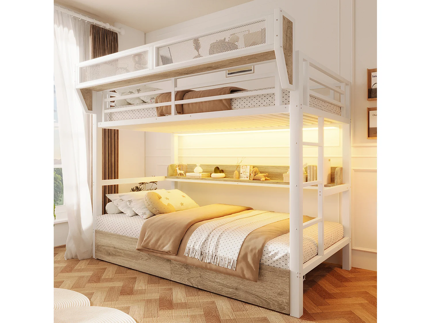 Lit superposé structure en fer - 2 x 90 x 200 cm - avec étagère + panier de rangement + 2 tiroirs + Leds - métal + MDF - blanc