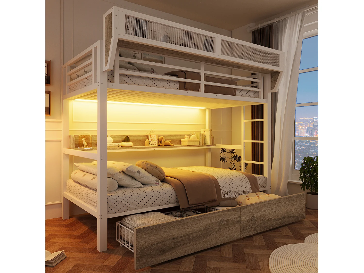 Lit superposé structure en fer - 2 x 90 x 200 cm - avec étagère + panier de rangement + 2 tiroirs + Leds - métal + MDF - blanc