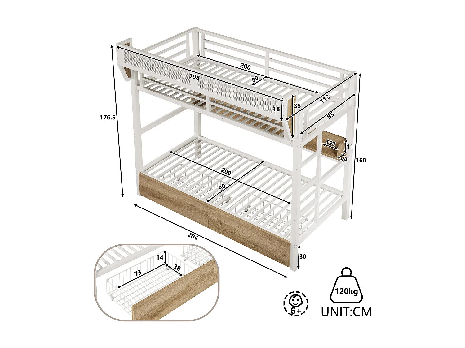 Lit superposé structure en fer - 2 x 90 x 200 cm - avec étagère + panier de rangement + 2 tiroirs + Leds - métal + MDF - blanc