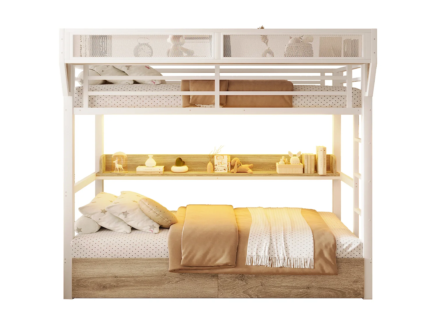 Lit superposé structure en fer - 2 x 90 x 200 cm - avec étagère + panier de rangement + 2 tiroirs + Leds - métal + MDF - blanc