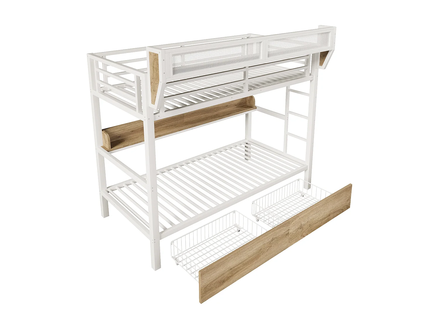 Lit superposé structure en fer - 2 x 90 x 200 cm - avec étagère + panier de rangement + 2 tiroirs + Leds - métal + MDF - blanc