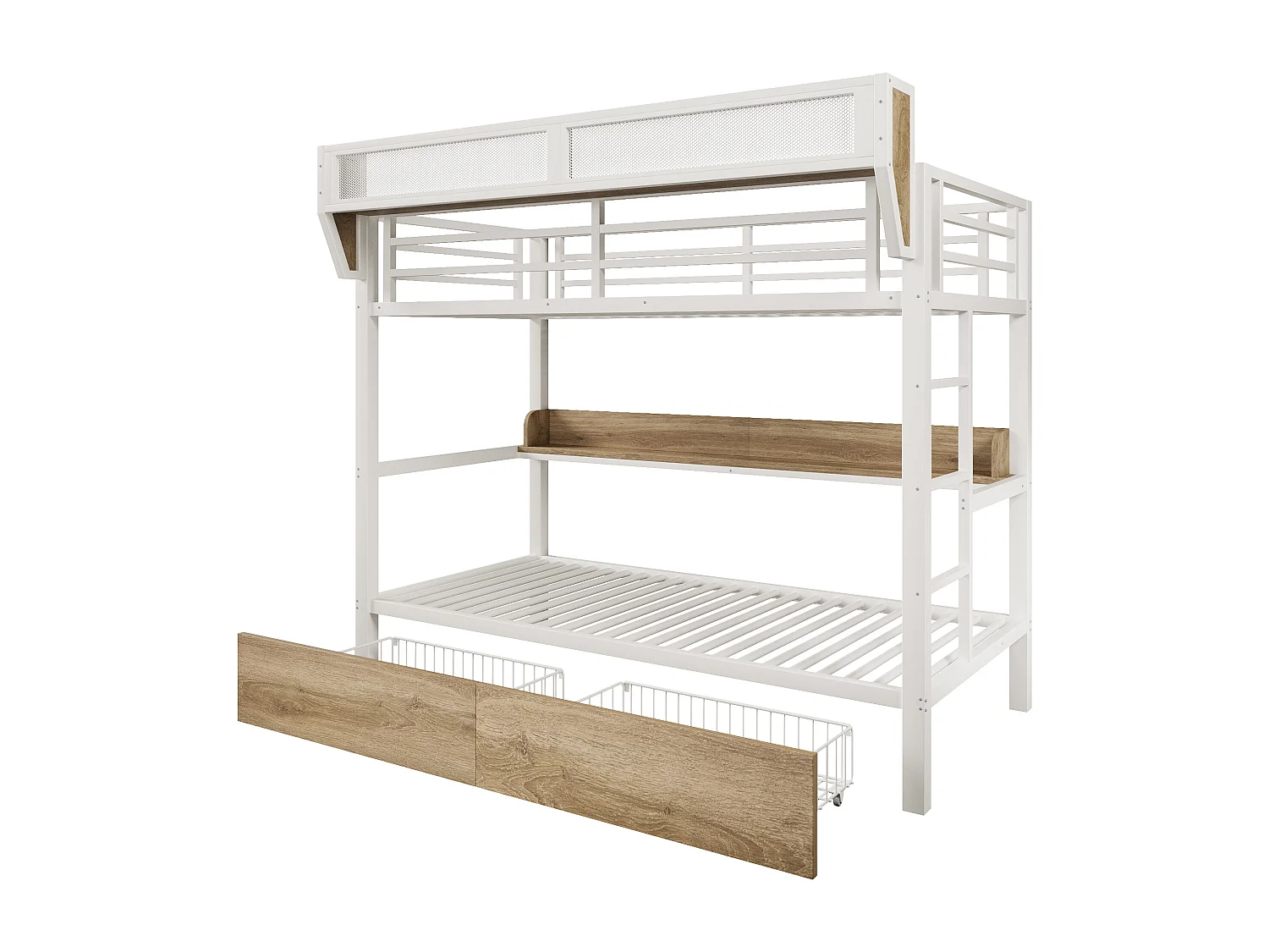 Lit superposé structure en fer - 2 x 90 x 200 cm - avec étagère + panier de rangement + 2 tiroirs + Leds - métal + MDF - blanc