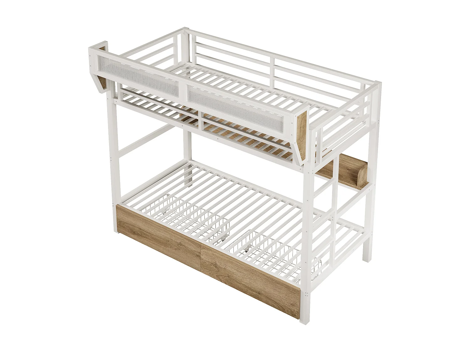 Lit superposé structure en fer - 2 x 90 x 200 cm - avec étagère + panier de rangement + 2 tiroirs + Leds - métal + MDF - blanc