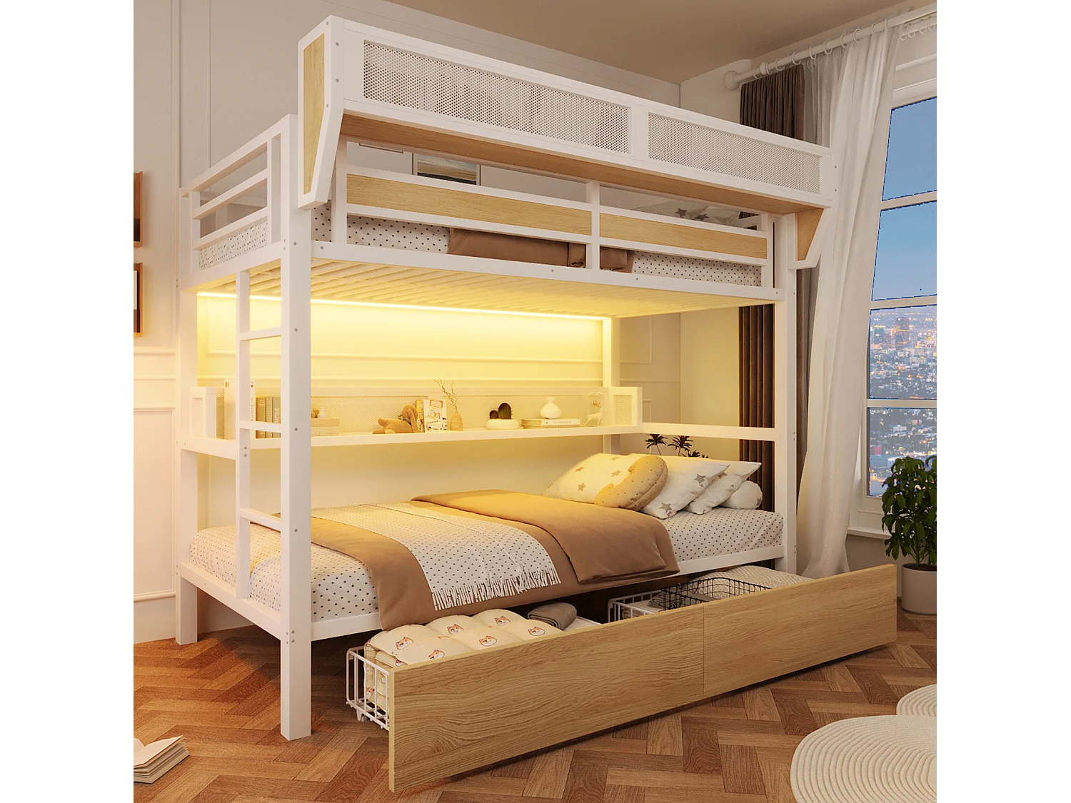Stapelbed met ijzeren frame - 2 x 90 x 200 cm - met plank + opbergmand + 2 lades + LED-verlichting - metaal + MDF - wit