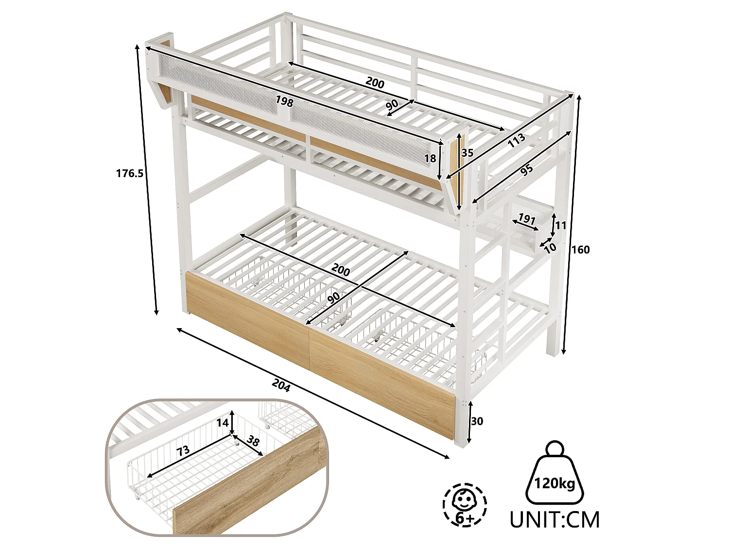 Stapelbed met ijzeren frame - 2 x 90 x 200 cm - met plank + opbergmand + 2 lades + LED-verlichting - metaal + MDF - wit