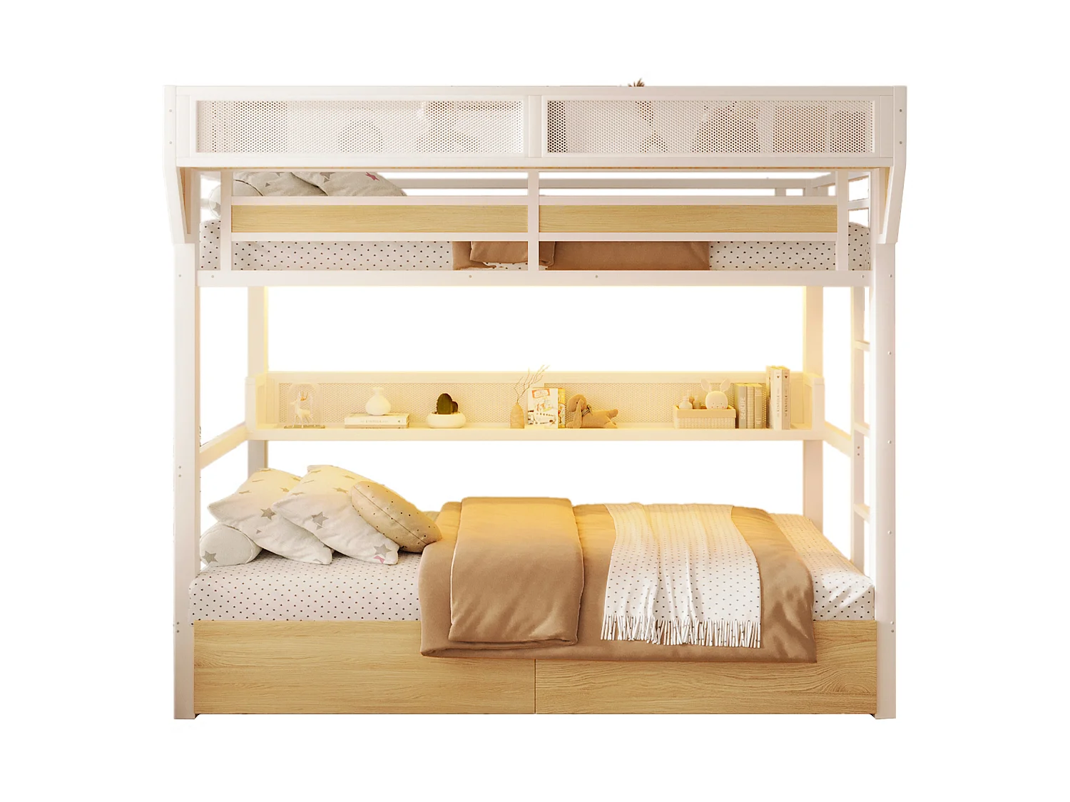 Stapelbed met ijzeren frame - 2 x 90 x 200 cm - met plank + opbergmand + 2 lades + LED-verlichting - metaal + MDF - wit