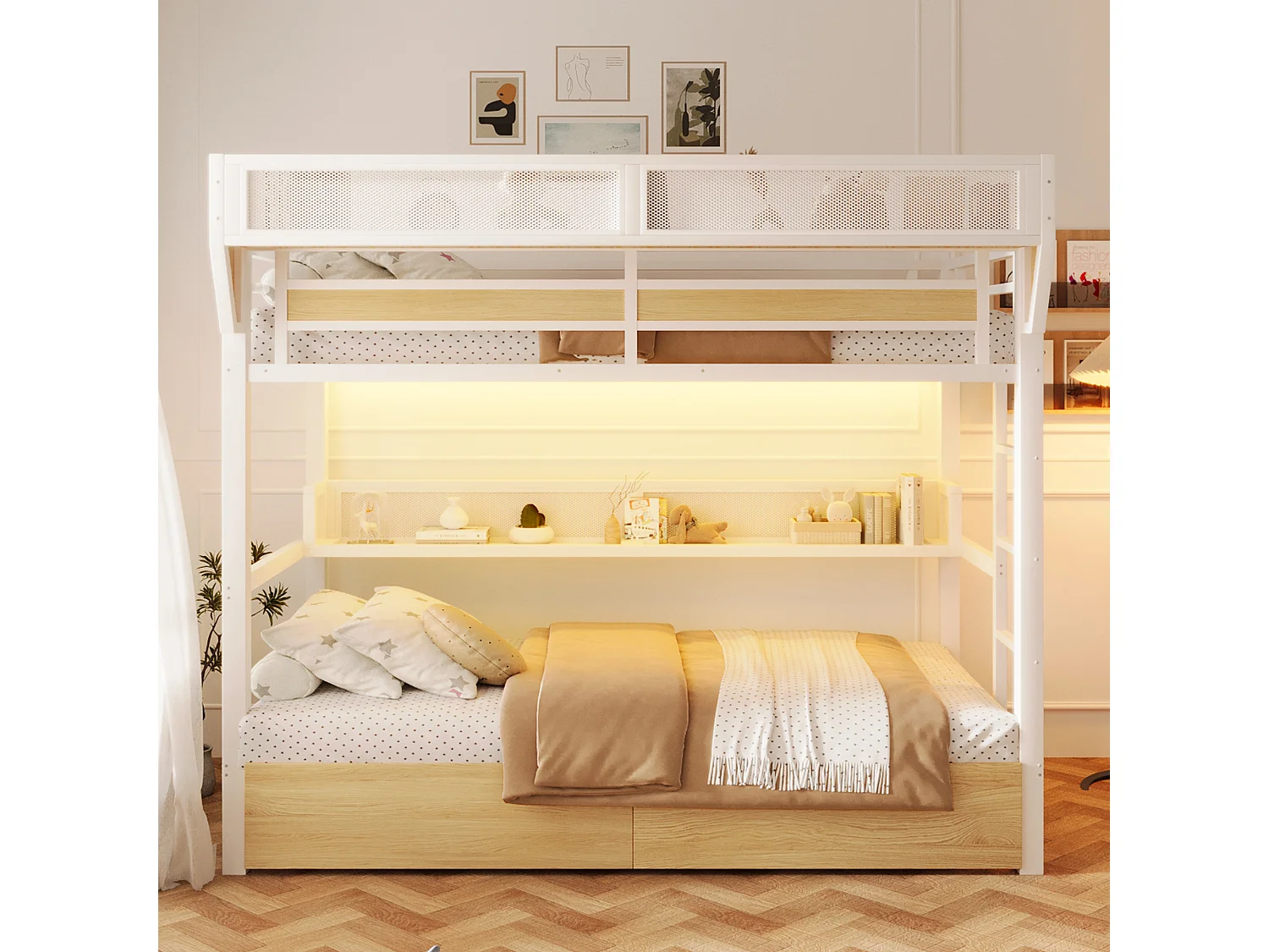 Stapelbed met ijzeren frame - 2 x 90 x 200 cm - met plank + opbergmand + 2 lades + LED-verlichting - metaal + MDF - wit