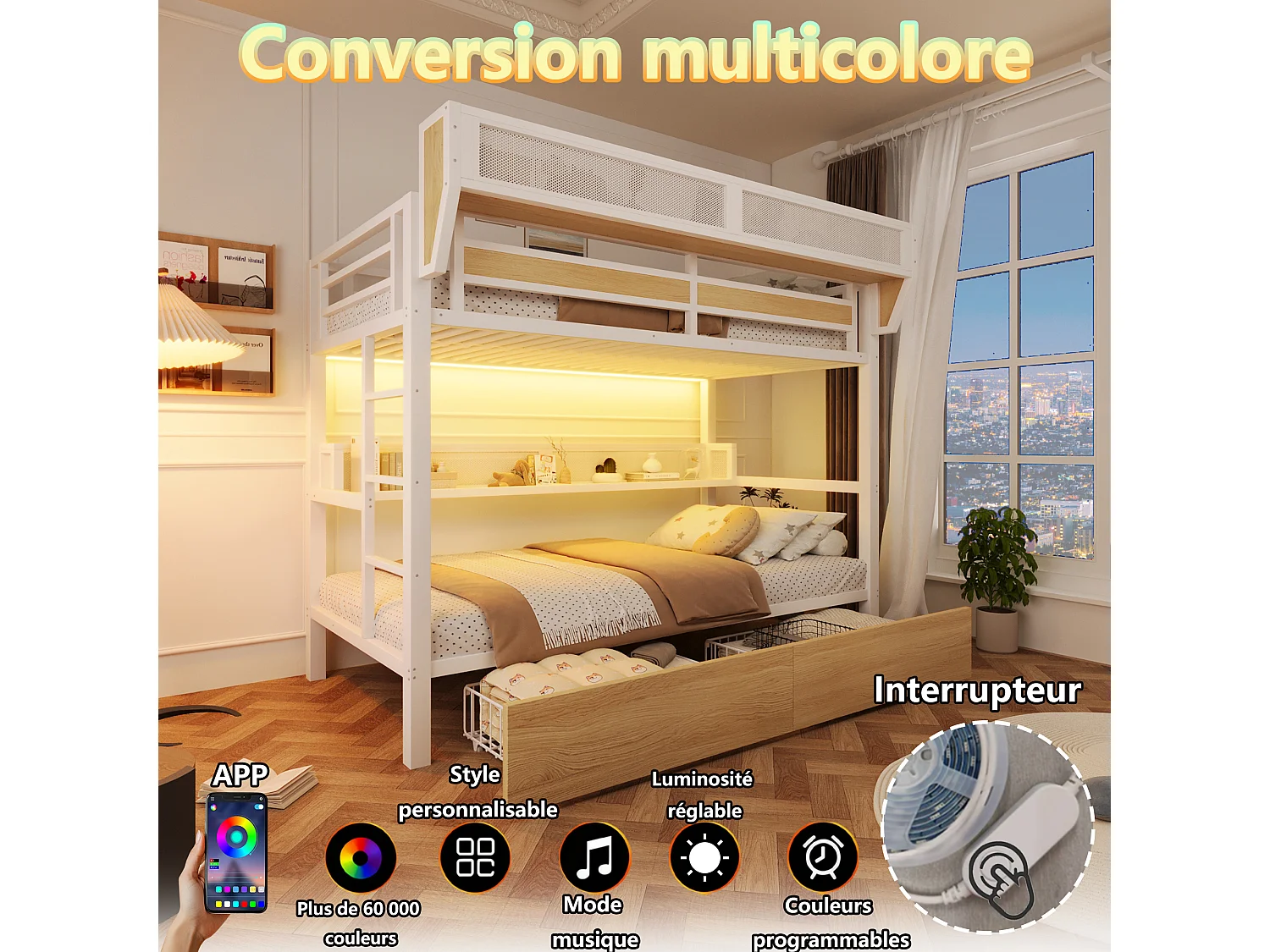 Stapelbed met ijzeren frame - 2 x 90 x 200 cm - met plank + opbergmand + 2 lades + LED-verlichting - metaal + MDF - wit