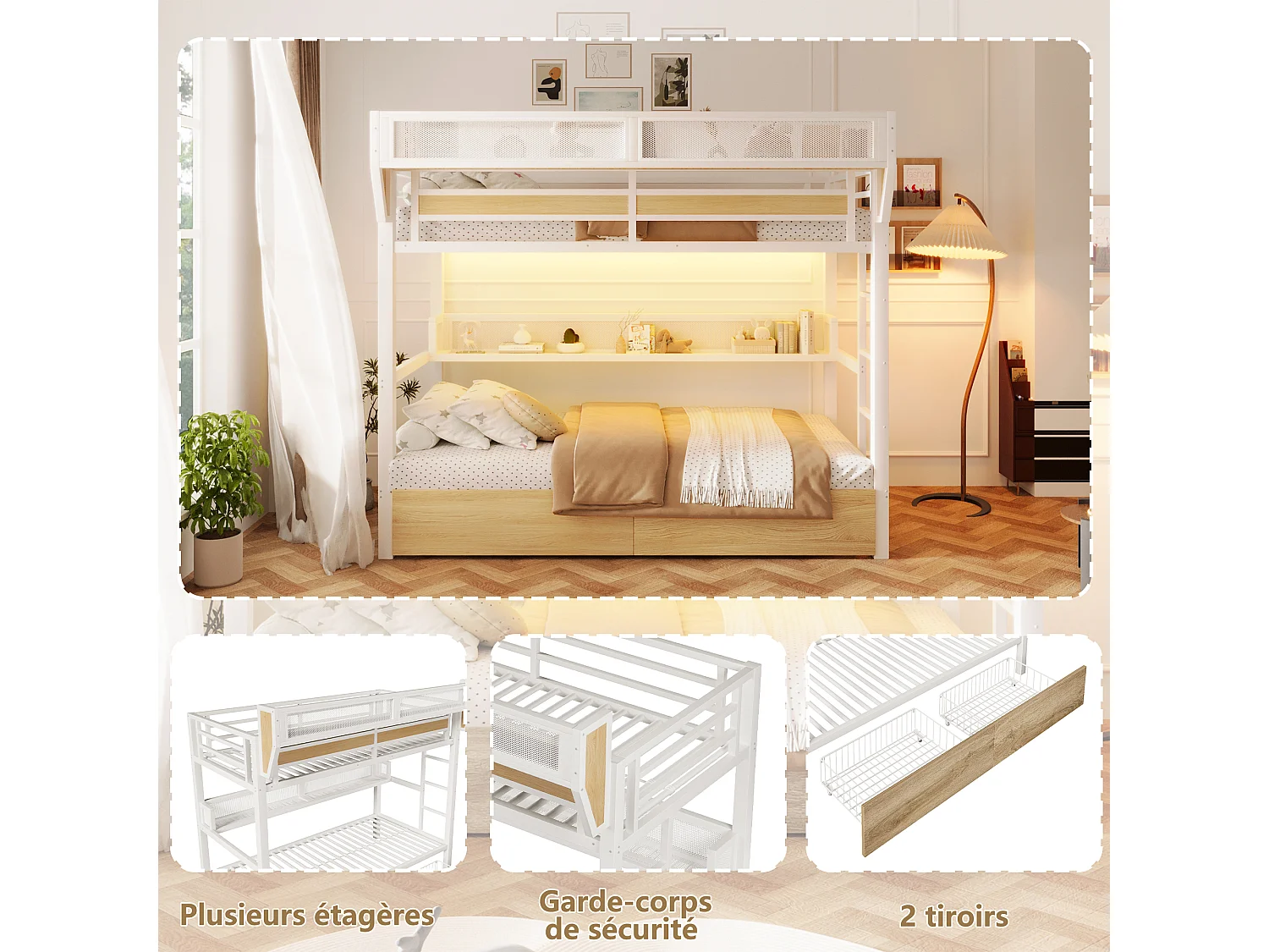 Stapelbed met ijzeren frame - 2 x 90 x 200 cm - met plank + opbergmand + 2 lades + LED-verlichting - metaal + MDF - wit