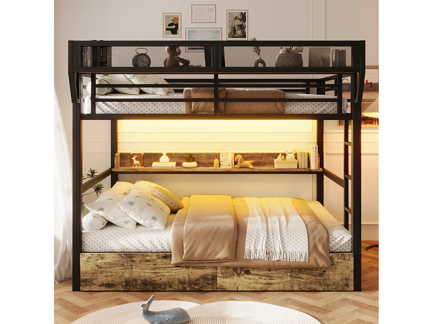 Lit superposé structure en fer - 2 x 140 x 200 cm - avec étagère + panier de rangement + 2 tiroirs + Leds - métal + MDF - noir