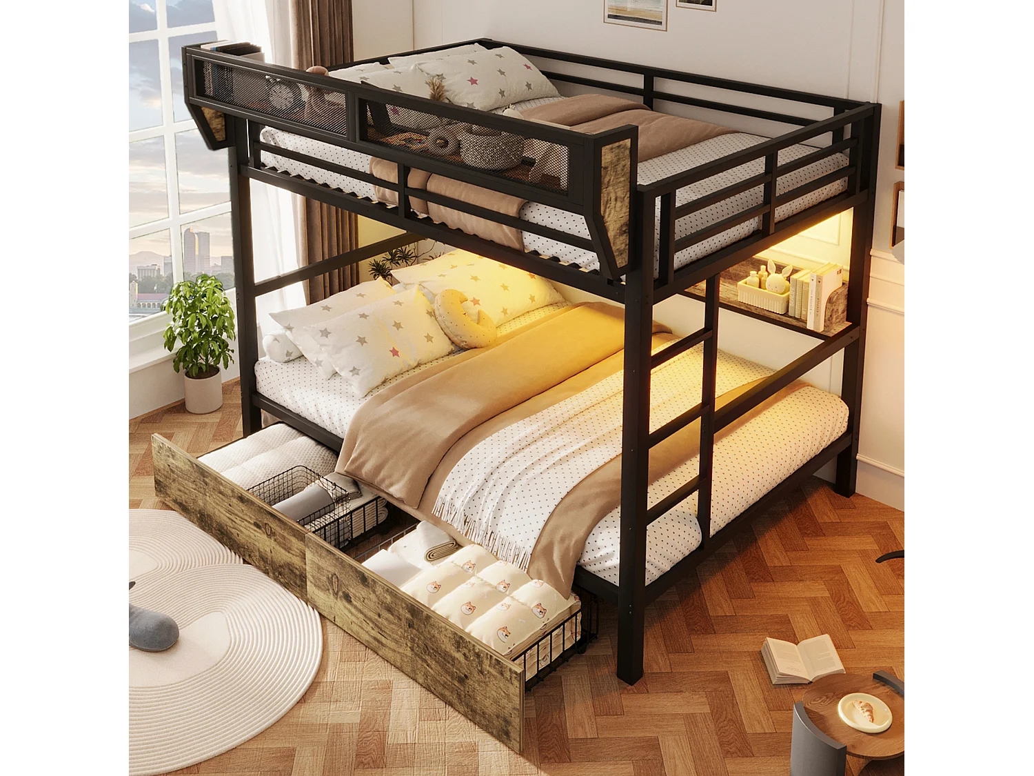 Lit superposé structure en fer - 2 x 140 x 200 cm - avec étagère + panier de rangement + 2 tiroirs + Leds - métal + MDF - noir