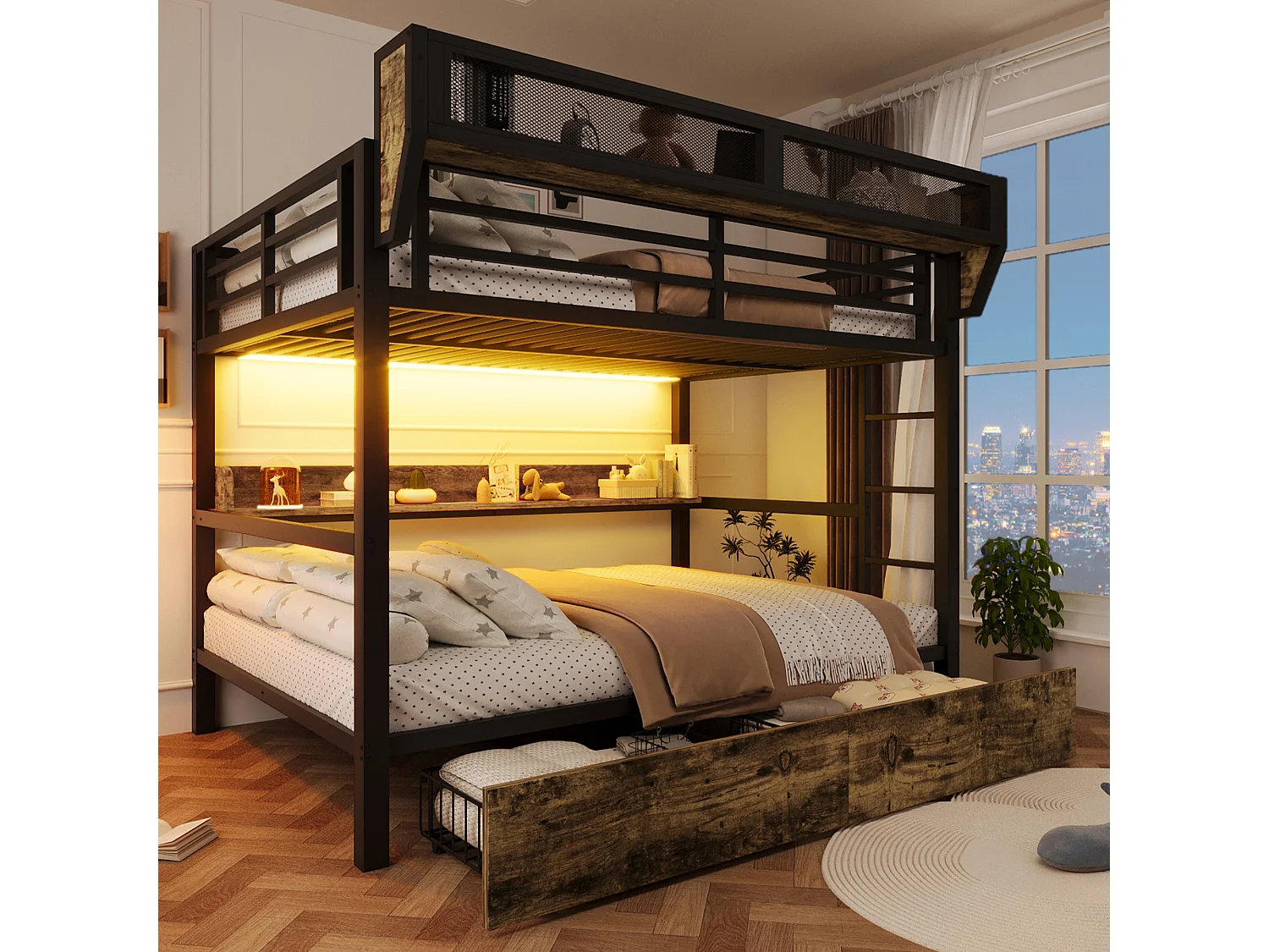 Lit superposé structure en fer - 2 x 140 x 200 cm - avec étagère + panier de rangement + 2 tiroirs + Leds - métal + MDF - noir