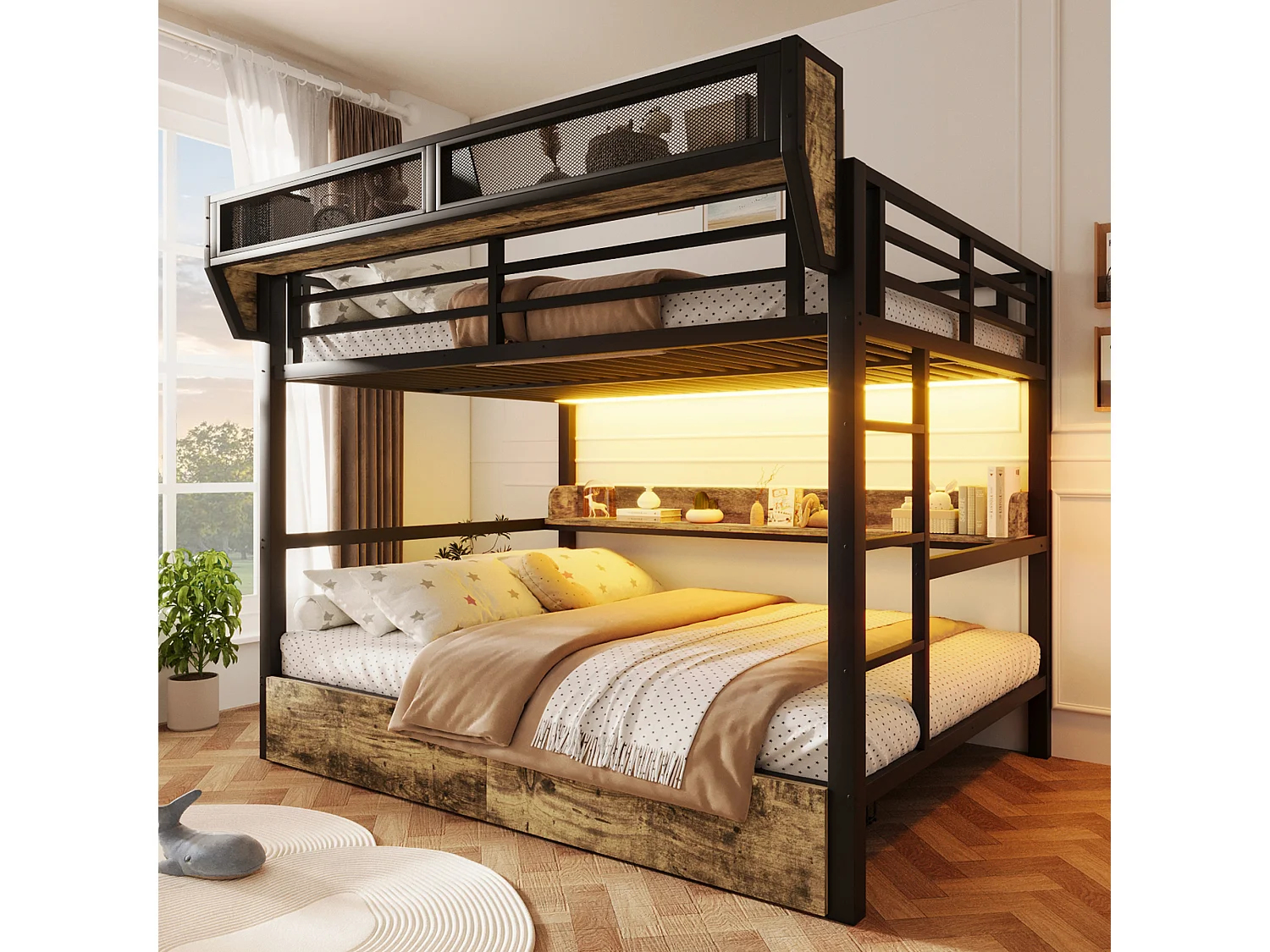 Lit superposé structure en fer - 2 x 140 x 200 cm - avec étagère + panier de rangement + 2 tiroirs + Leds - métal + MDF - noir