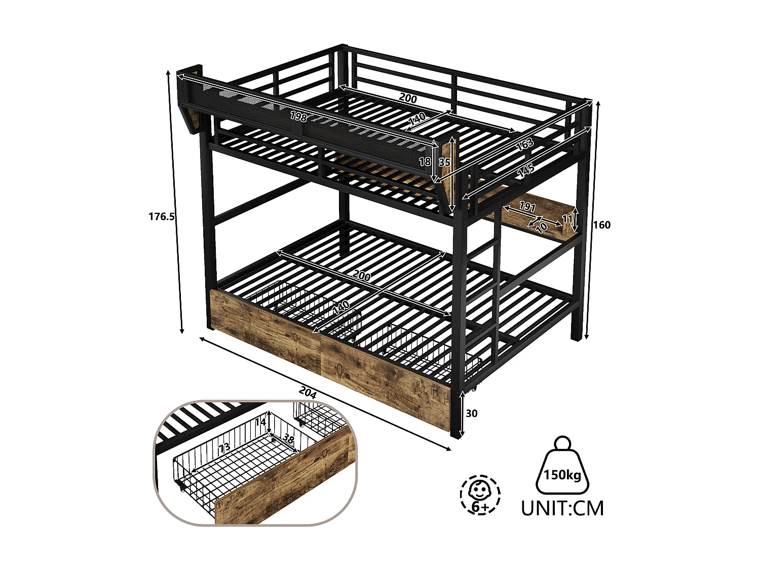 Lit superposé structure en fer - 2 x 140 x 200 cm - avec étagère + panier de rangement + 2 tiroirs + Leds - métal + MDF - noir