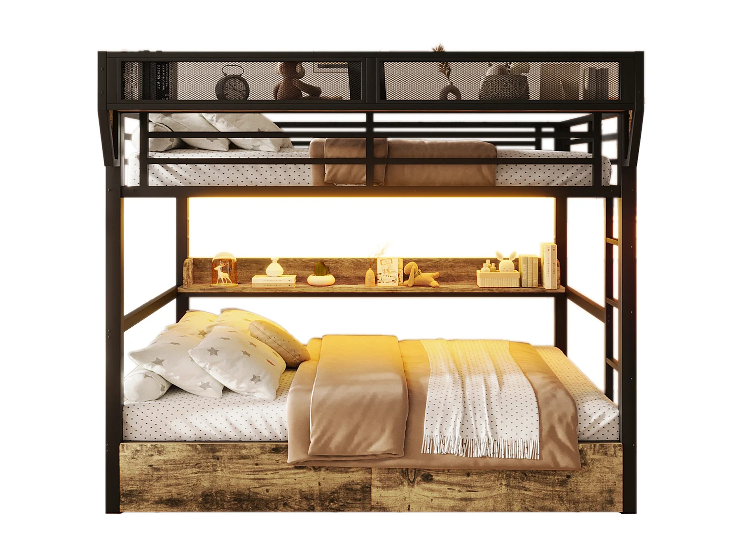 Lit superposé structure en fer - 2 x 140 x 200 cm - avec étagère + panier de rangement + 2 tiroirs + Leds - métal + MDF - noir