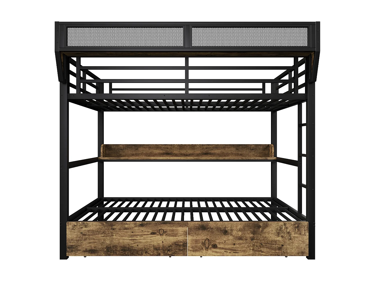 Lit superposé structure en fer - 2 x 140 x 200 cm - avec étagère + panier de rangement + 2 tiroirs + Leds - métal + MDF - noir