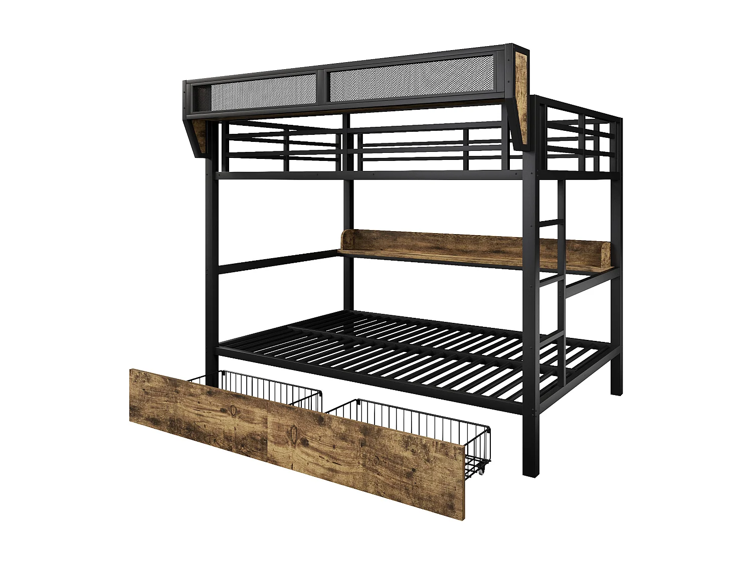 Lit superposé structure en fer - 2 x 140 x 200 cm - avec étagère + panier de rangement + 2 tiroirs + Leds - métal + MDF - noir