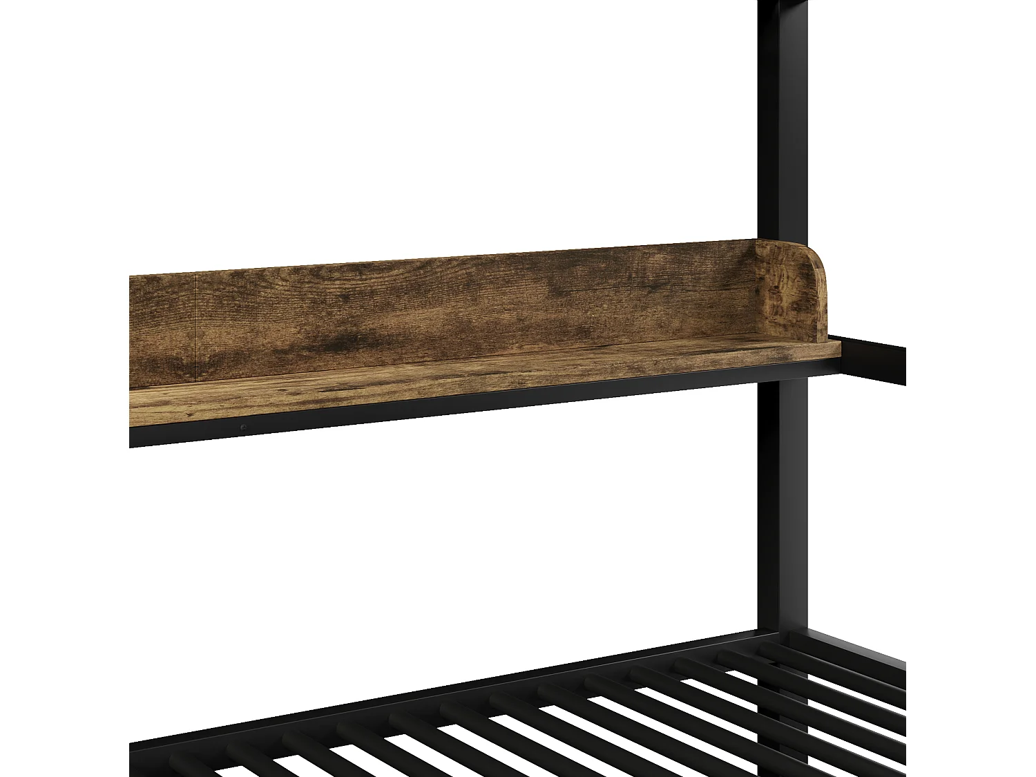 Lit superposé structure en fer - 2 x 140 x 200 cm - avec étagère + panier de rangement + 2 tiroirs + Leds - métal + MDF - noir