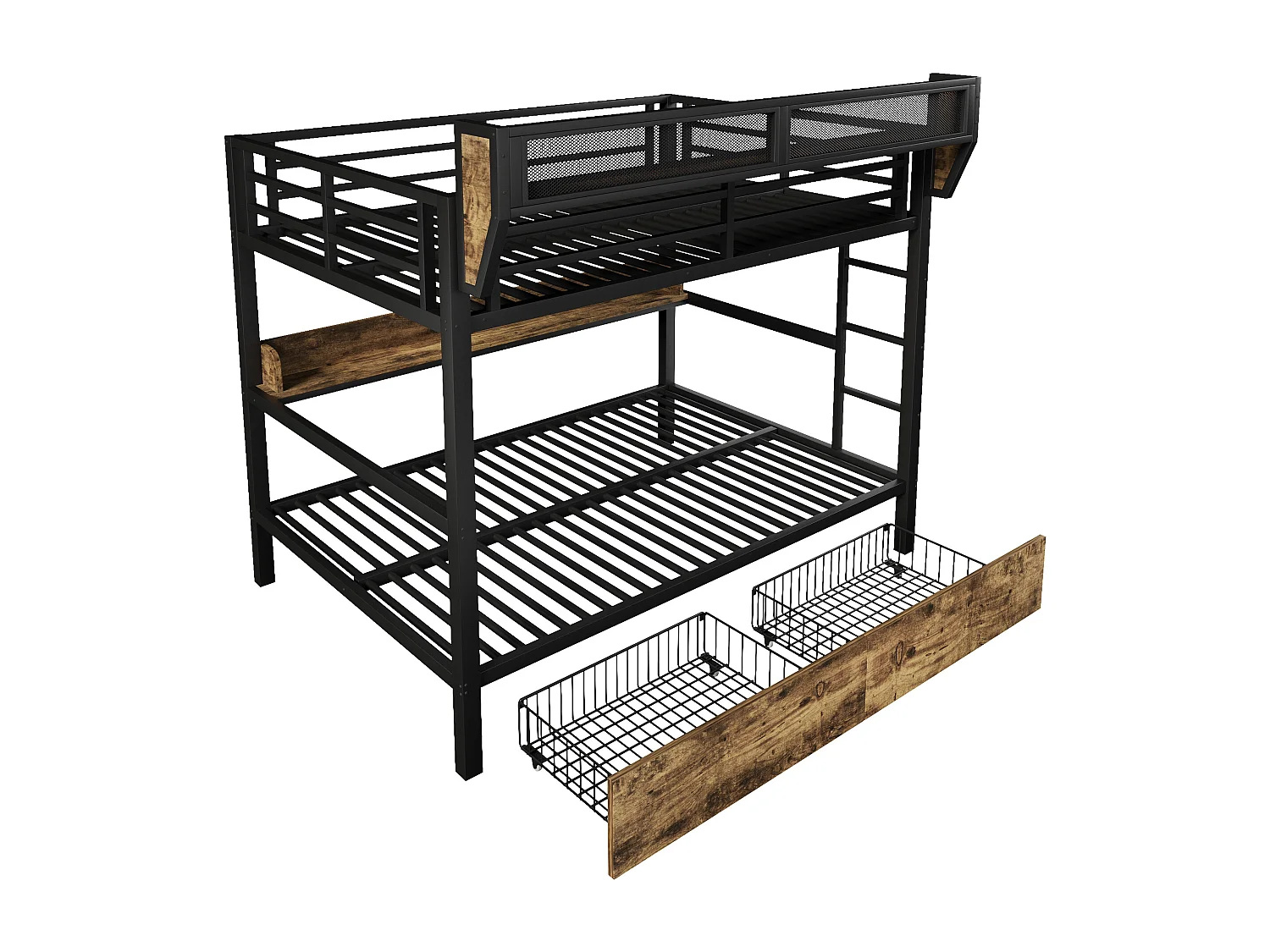 Lit superposé structure en fer - 2 x 140 x 200 cm - avec étagère + panier de rangement + 2 tiroirs + Leds - métal + MDF - noir