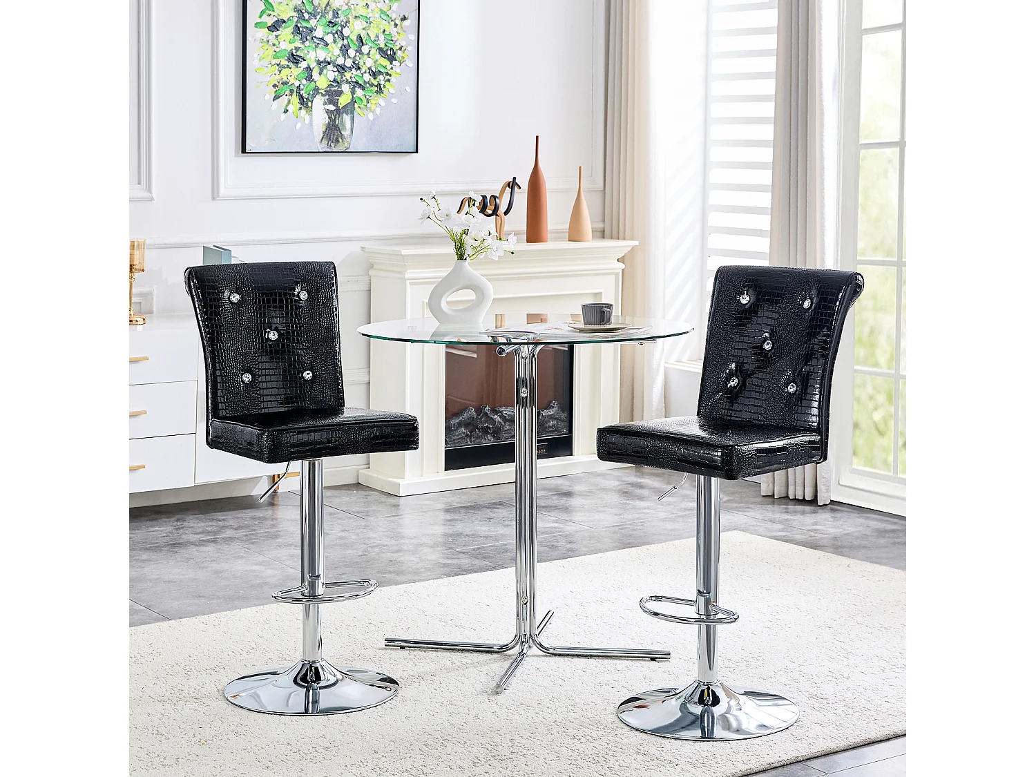 Lot de 2 chaises de bar réglables pivotantes effet crocodile - PVC noir, pieds argentés