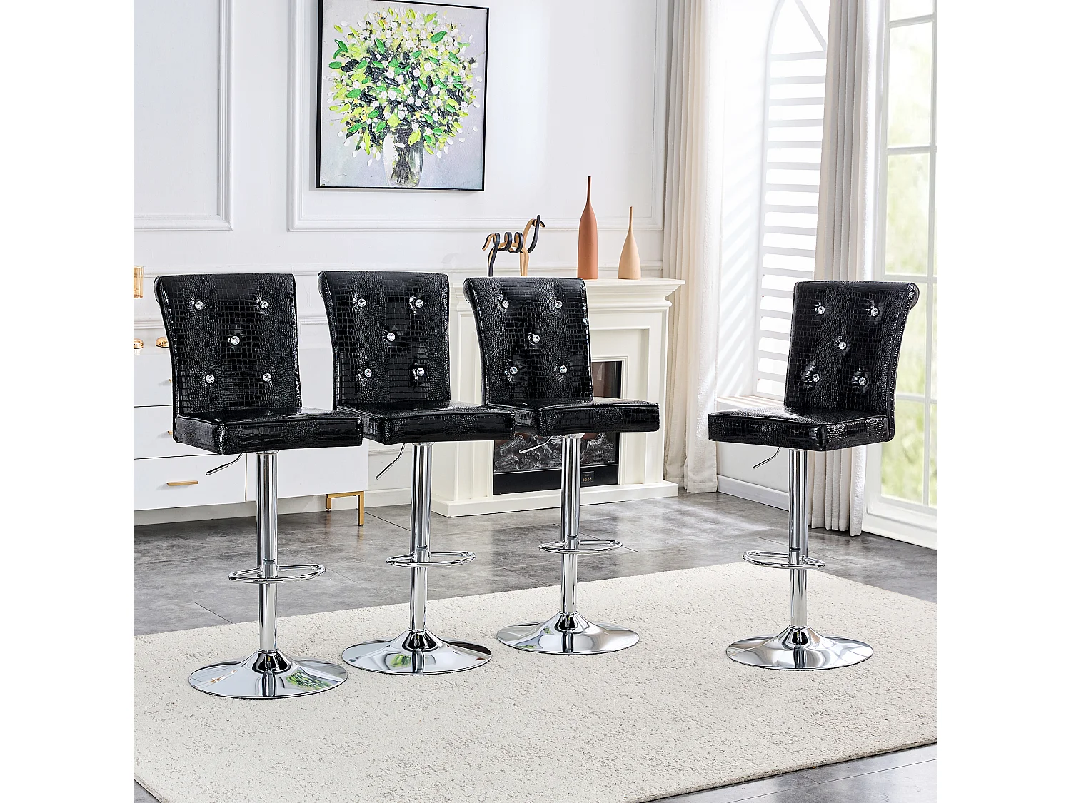 Lot de 2 chaises de bar réglables pivotantes effet crocodile - PVC noir, pieds argentés