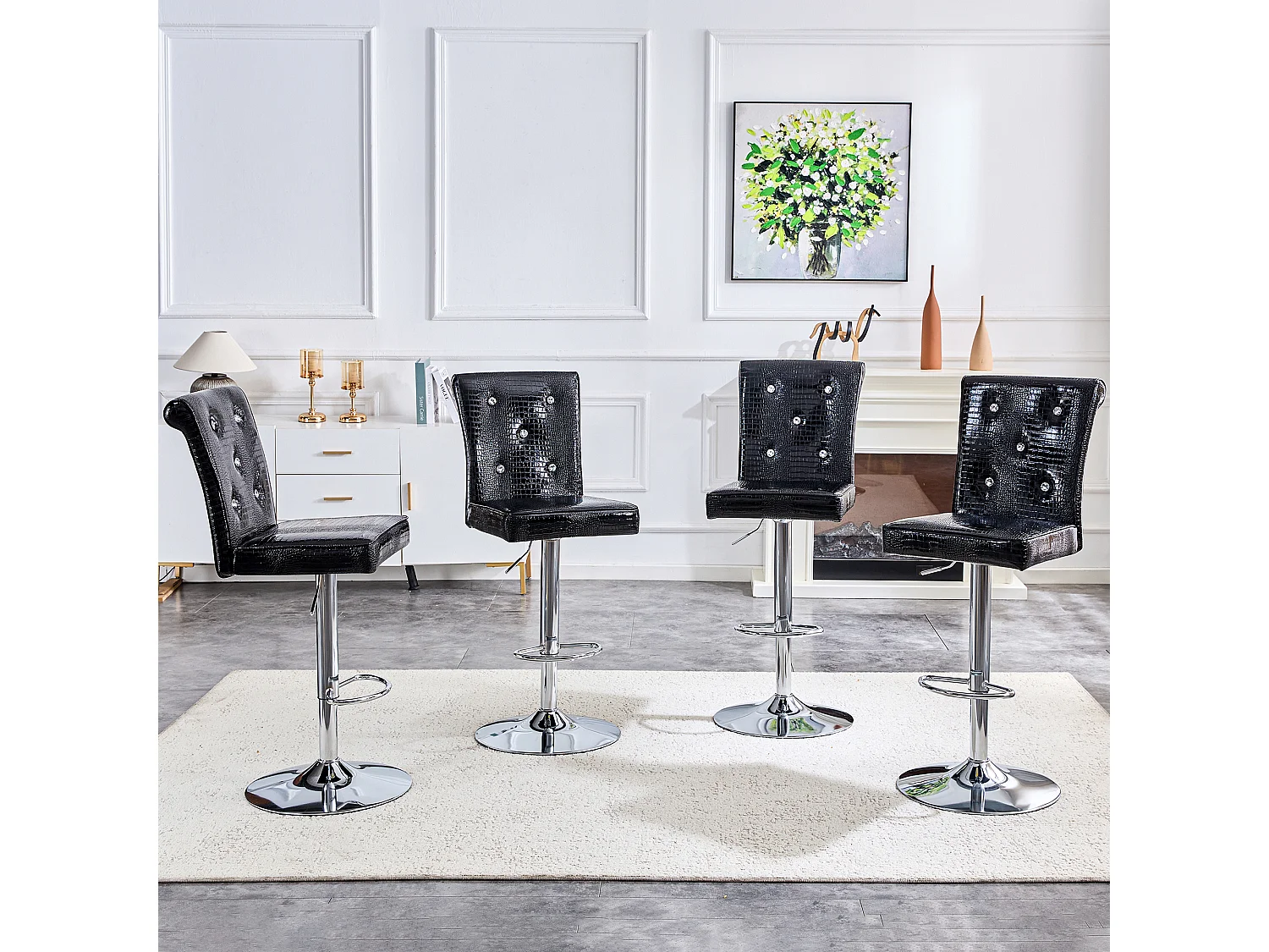 Lot de 2 chaises de bar réglables pivotantes effet crocodile - PVC noir, pieds argentés