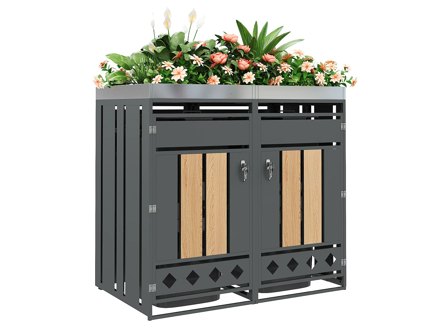 Cache-poubelle double 2x240L avec Jardinière supérieure - Design Perforé Latéral - Acier galvanisé aspect Bois Horizontal - Gris Anthracite