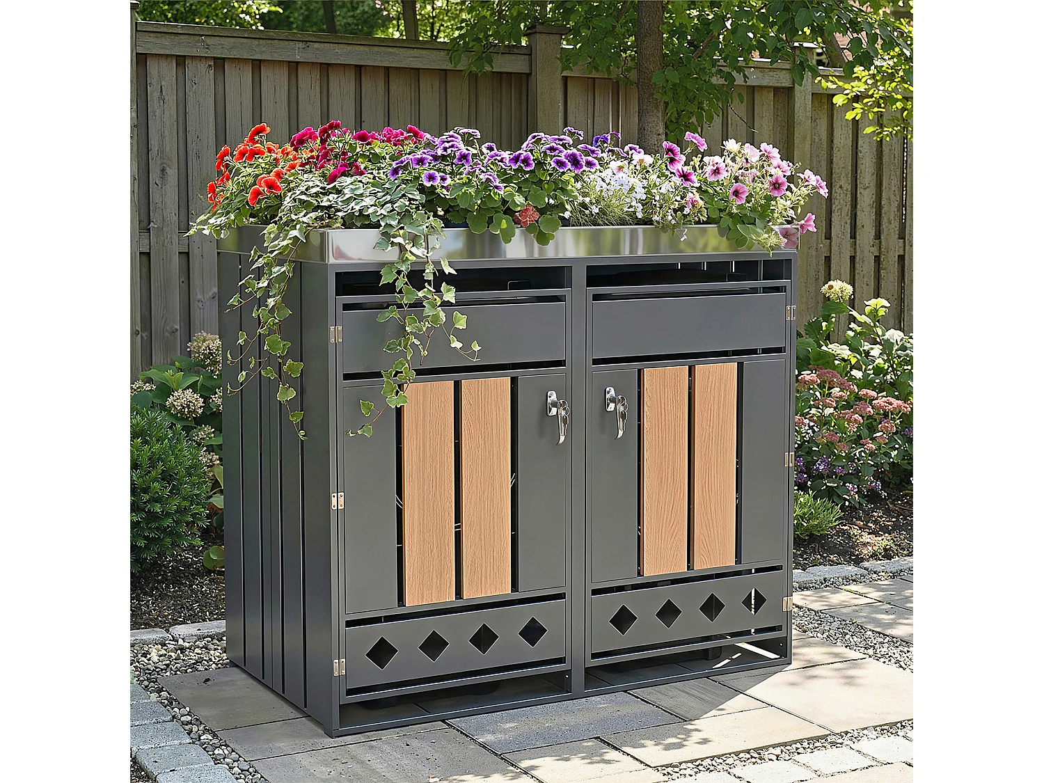 Cache-poubelle double 2x240L avec Jardinière supérieure - Design Perforé Latéral - Acier galvanisé aspect Bois Horizontal - Gris Anthracite