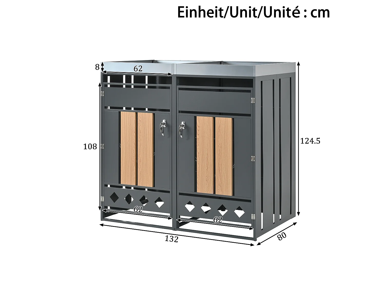 Cache-poubelle double 2x240L avec Jardinière supérieure - Design Perforé Latéral - Acier galvanisé aspect Bois Horizontal - Gris Anthracite