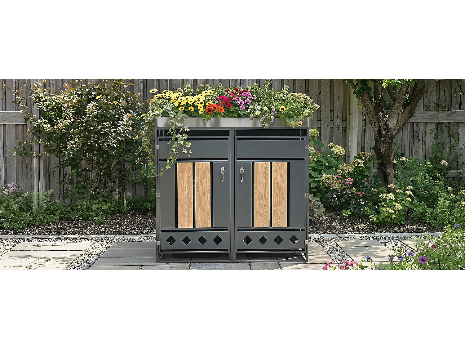 Cache-poubelle double 2x240L avec Jardinière supérieure - Design Perforé Latéral - Acier galvanisé aspect Bois Horizontal - Gris Anthracite