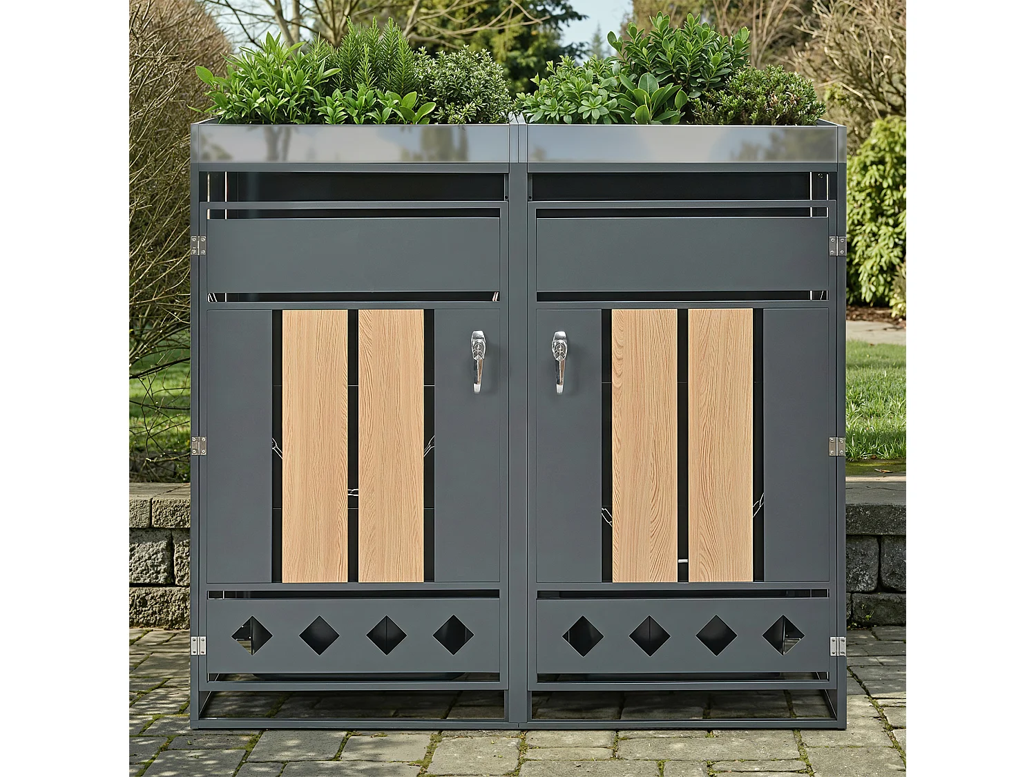 Cache-poubelle double 2x240L avec Jardinière supérieure - Design Perforé Latéral - Acier galvanisé aspect Bois Horizontal - Gris Anthracite