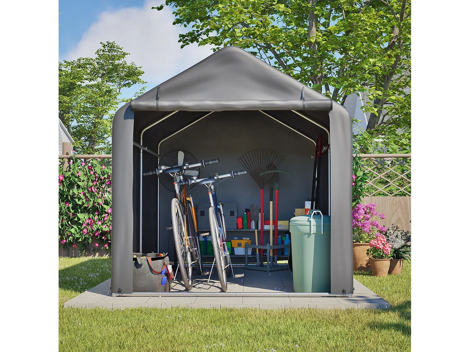 Grijze fietsenstalling van 160x220x165 cm in metaal en PE met roldeur.